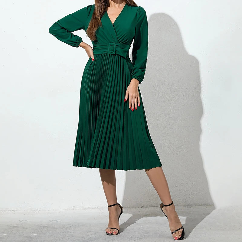 Women's solid color dress dark green V-neck casual slim pleated knee skirt new long sleeve summer and autumn standard code elega