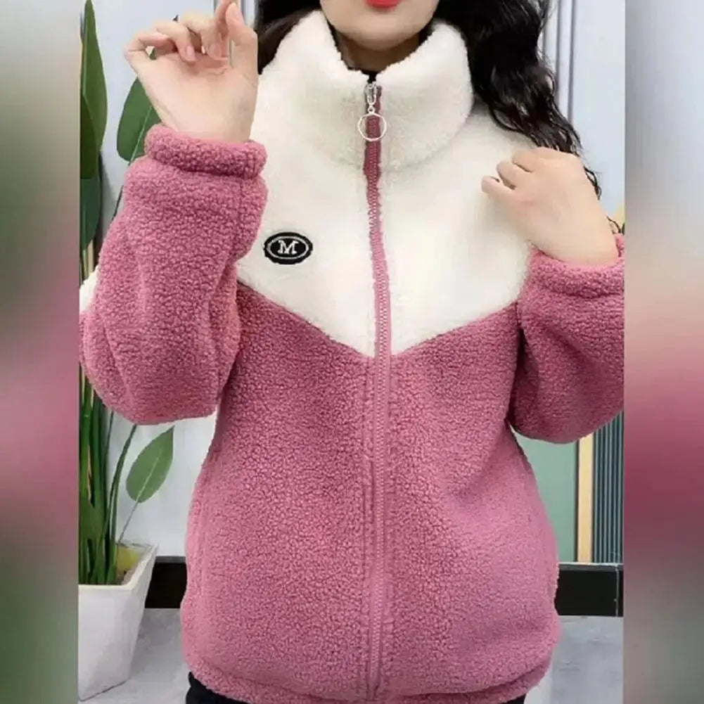 Autumn Winter Fleece Fluffy Jacket Streetwear Harajuku Zipper Coat Woman Lightweight Jacket Plush Warm Jacket Splice Coat