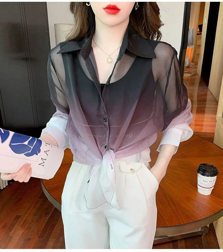 Shirts Women Gradient Loose Leisure Summer Sunscreen Lapel Thin Soft Designed Breathable Korean Fashion Clothing Office Lady New