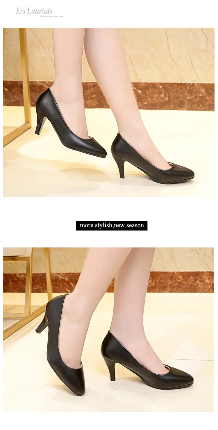 Work Professional Women's Shoes Shallow Mouth Work Stewardess Leather Hotel Employees High Heels Shoes Women