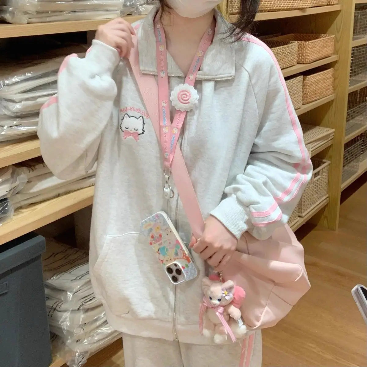 HOUZHOU Japanese Fashion Kawaii Zipper Hoodie Women Harajuku Cute Pink Cat Embroidery Oversized Hooded Sweatshirt Winter 2023