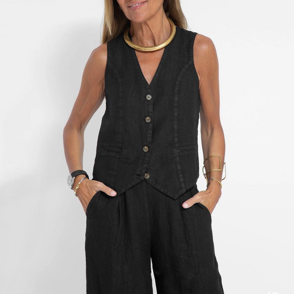 2 Piece Suit for Women Autumn Winter Suit Set Stylish Women's Cotton Linen Suit Sleeveless Vest Wide Leg Pants Set for Office