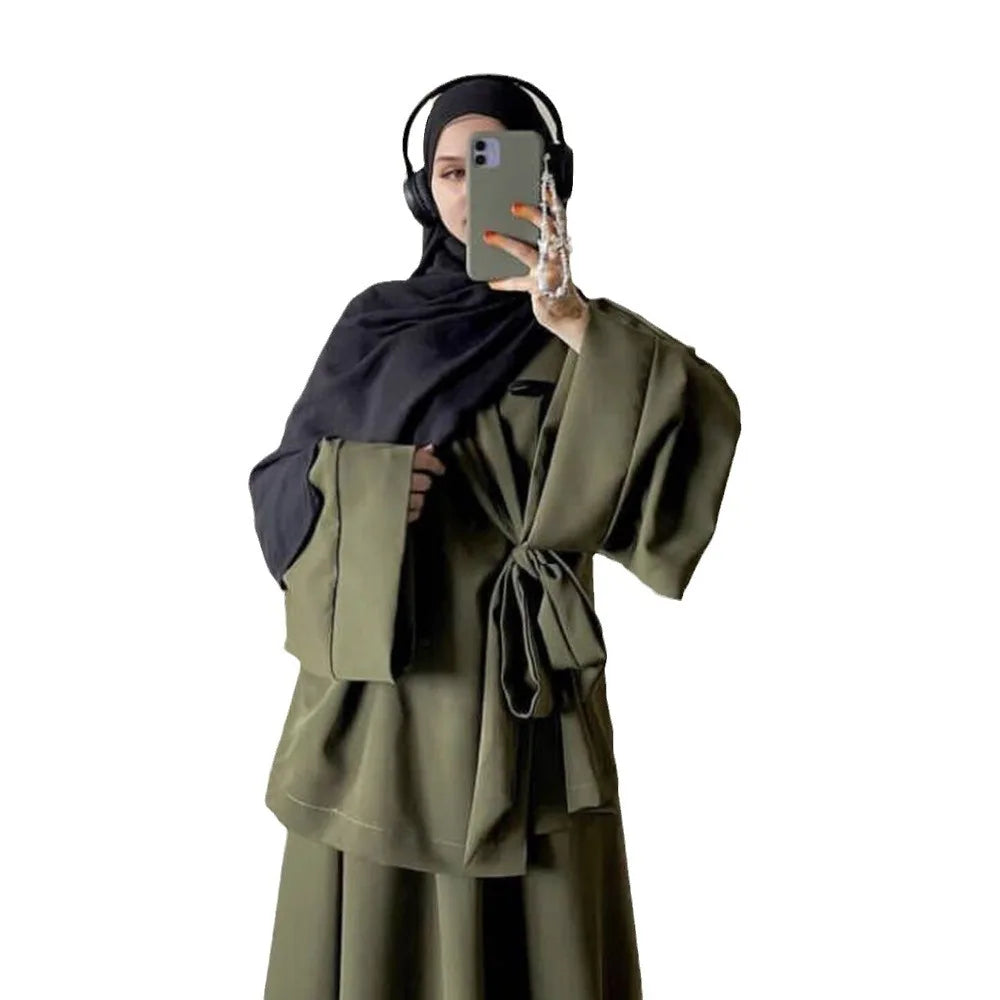 Eid Muslim Suit Modest Two Piece Women Lace Up Top Skirt Outfits Ramadan Morocco Dubai Abayas Ensemble Islam Arab Jalabiya