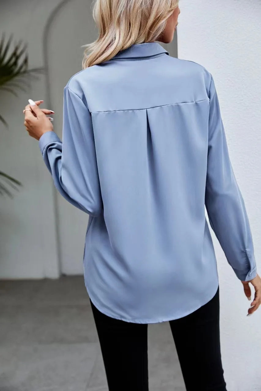 Casual Chiffon Blouse Tops Spring Summer V Neck Long Sleeve Hide Button Loose OL Workwear Business Blouse Shirts ARJ-004