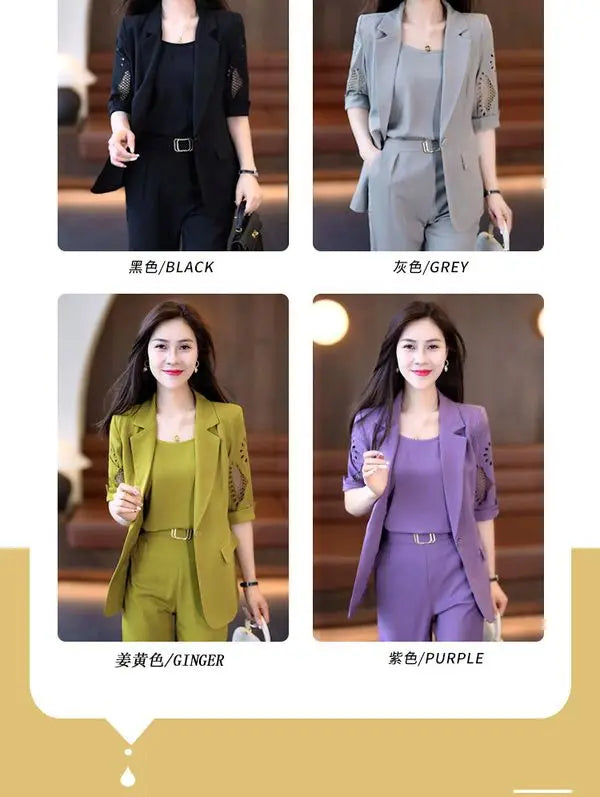 2023 Autumn New Vintage Hollow Short Sleeve Jacket with Tank Top Casual Pants Three Piece Elegant Women's Pants Suit Office Set