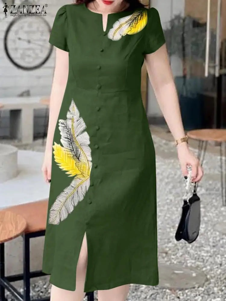 ZANZEA Women Leaves Printed Midi Dress Fashion Holiday Single Breast Vestidos 2024 Summer Short Sleeve Robe Korean Sundress Femm