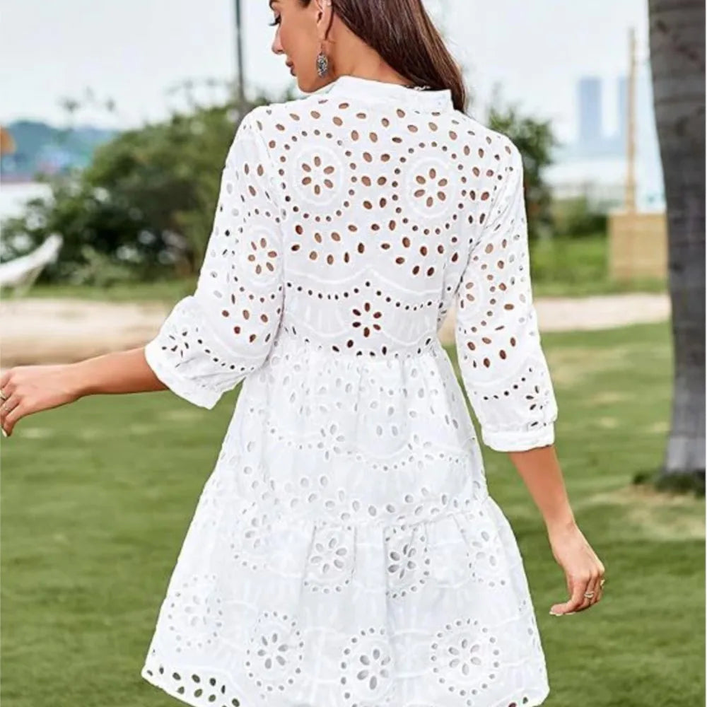 Spring Summer New Solid Color Hollow Out Fashion 7 Point Sleeve Dress Wmen's Casual Loose Simple Elegant Female Holiday Dresses