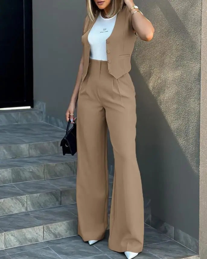 New 2024 Women's Summer Casual 2PCS Pants Sets Solid Vest +Pants Sets Elegant High Waist Wide Leg Outfits Women Matching Sets