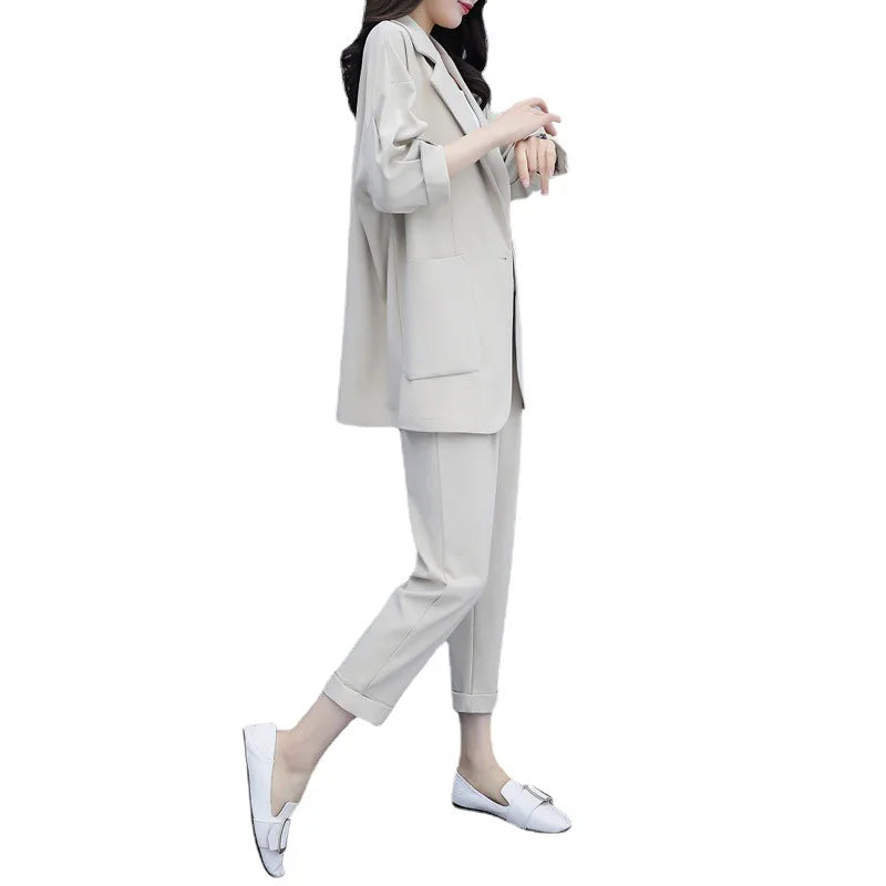 Spring and Autumn New Fashion Plus Size Women's Three Piece Suit Cotton Blended Single Button Coat Nine Point Pants Office