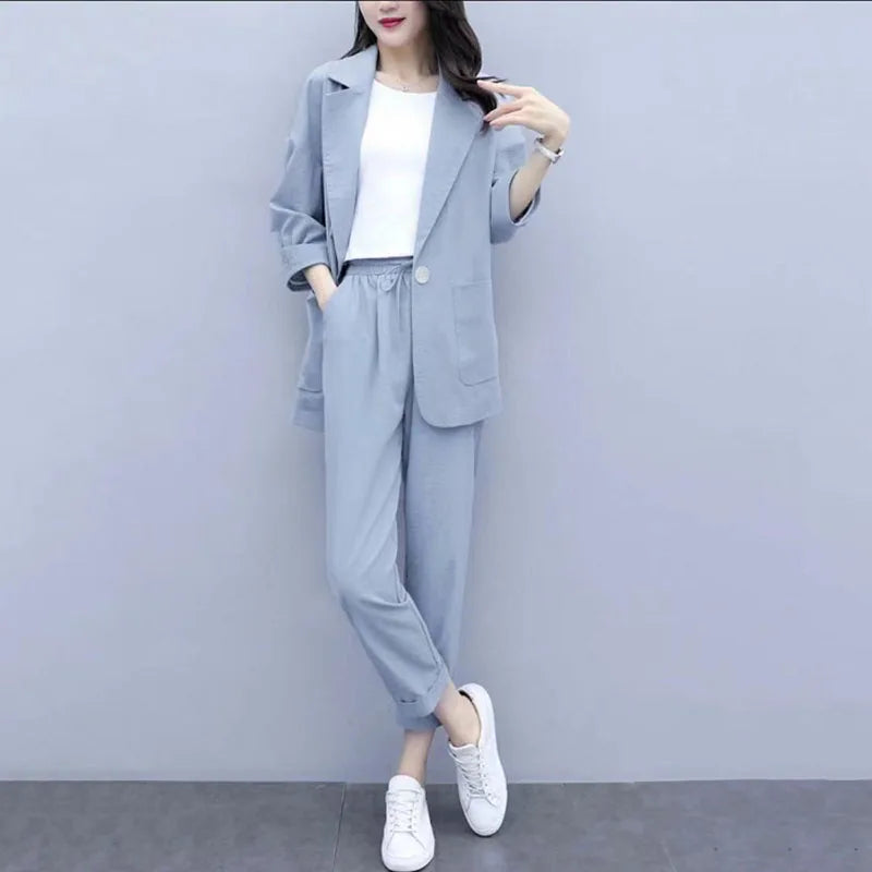Spring and Autumn New Fashion Plus Size Women's Three Piece Suit Cotton Blended Single Button Coat Nine Point Pants Office