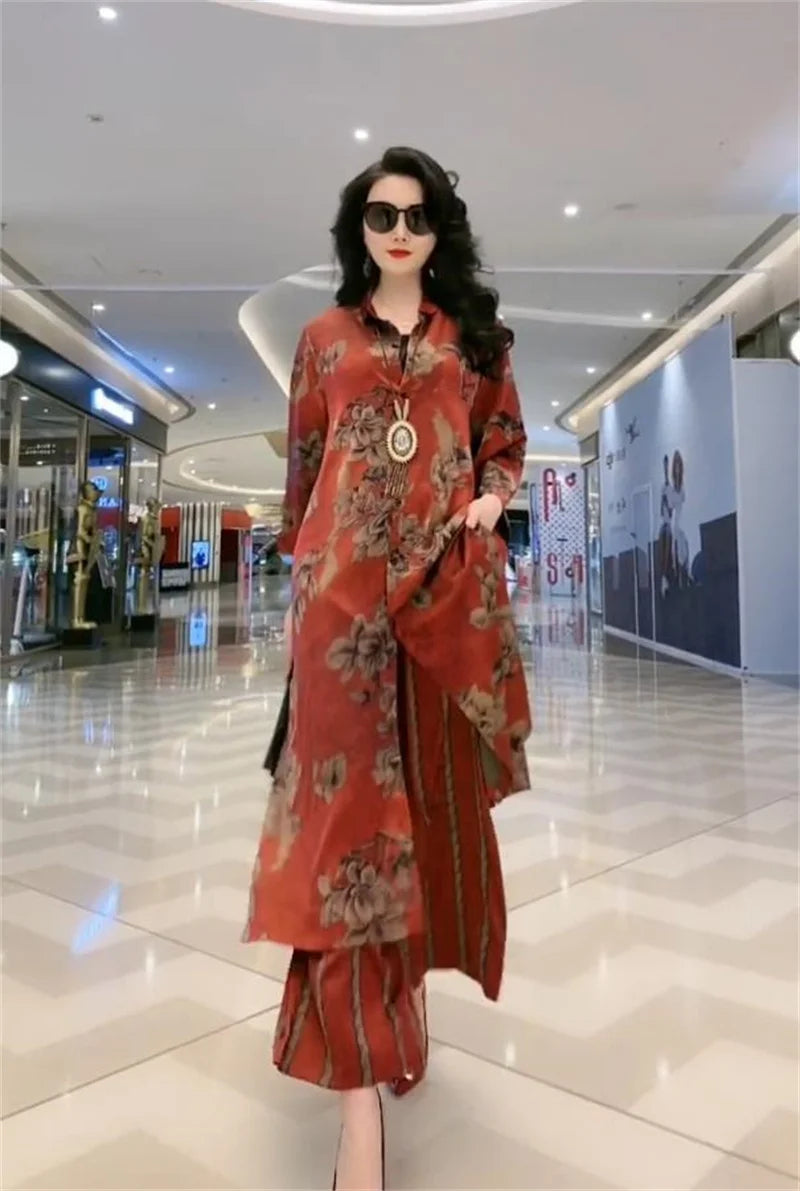 5XL Summer Sets Large Silk Wide Leg Trouser Set Women's Spring 2023 New Print Silk Fashion Slim Two Piece Set Female Elegant