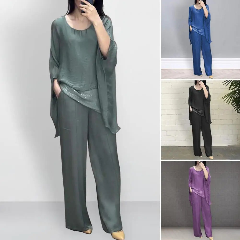 Fashionable Women Suit Stylish Women's Casual Suit with Wide Leg Pants Batwing Sleeve Top for Home Office Party Outfits Wide-leg