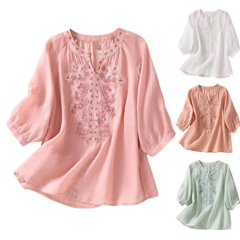 Cotton Linen Flower Embroidery Shirt Women Three Quarter Sleeves V Neck Casual Blouse Loose Solid Color Mother Blouse Women Top