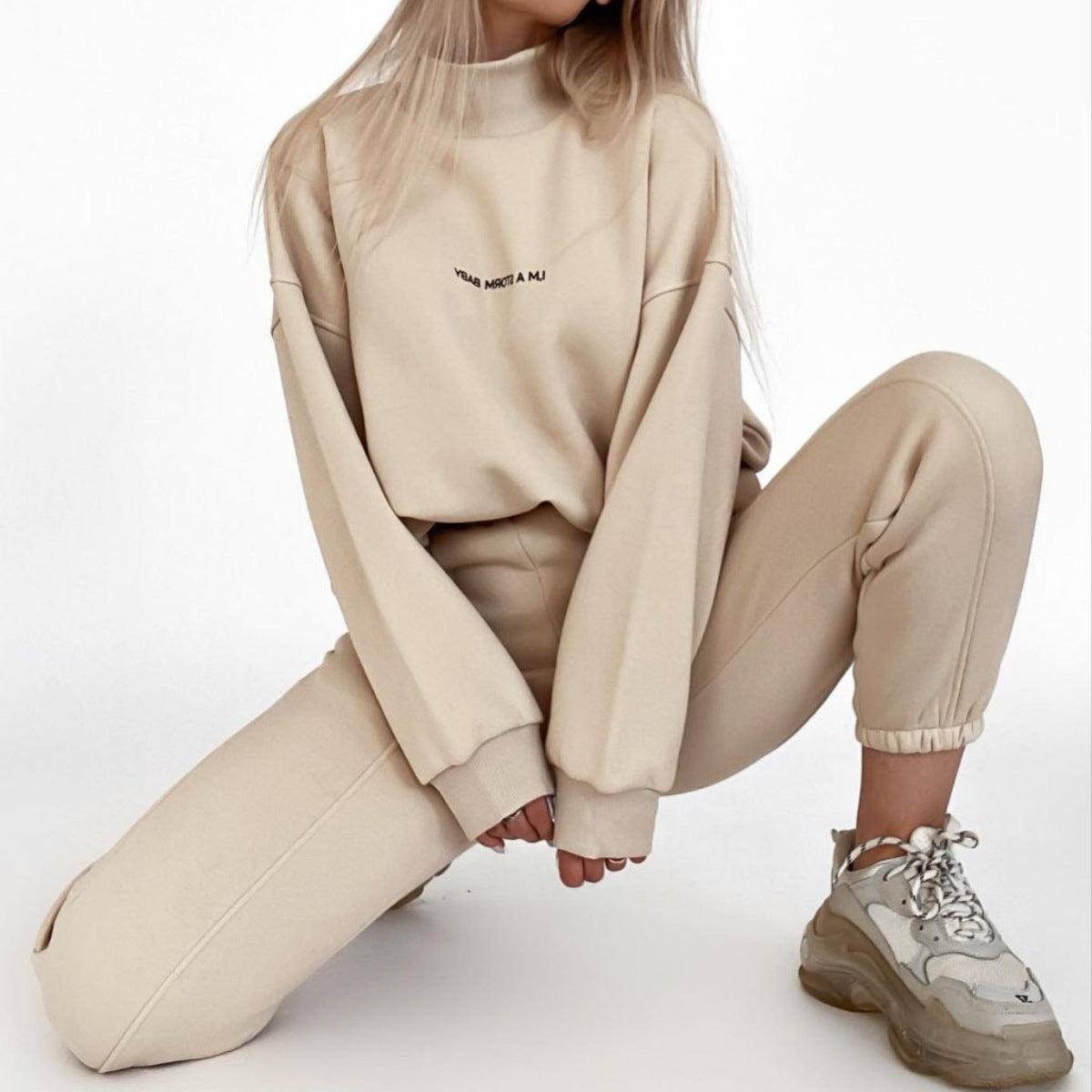 2023 Spring Autumn New Printed Loose Sports Suit Women Turtleneck Long Sleeve Sweatshirt Drawstring High Waist Pencil Pants Suit