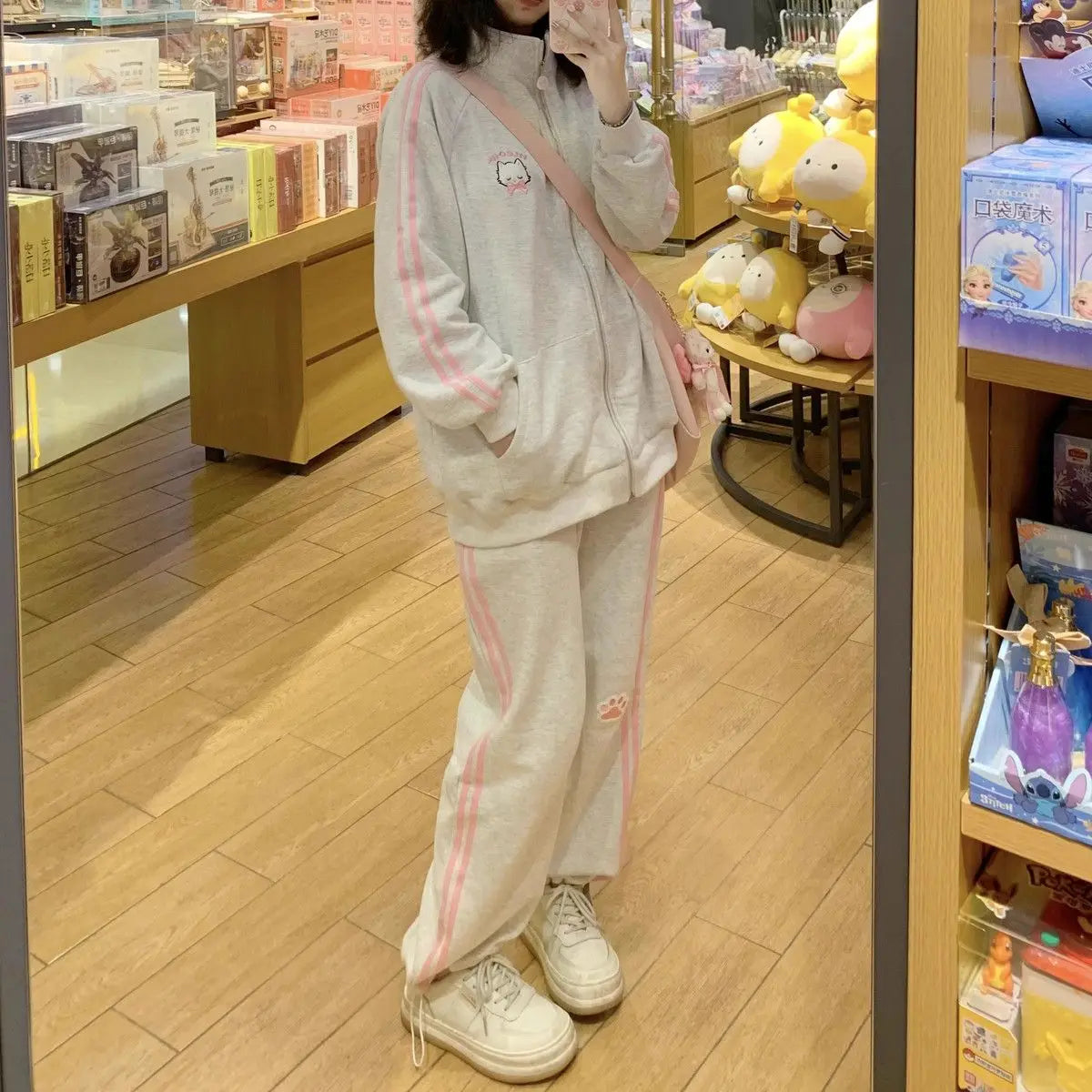 HOUZHOU Japanese Fashion Kawaii Zipper Hoodie Women Harajuku Cute Pink Cat Embroidery Oversized Hooded Sweatshirt Winter 2023