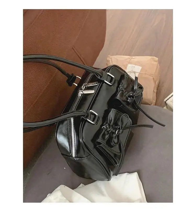 Xiuya Silver Pleated Womens Shoulder Bag Elegant Gentle Korean Fashion Leather Handbag Bow Sweet New Simple Ladies Boston Bag