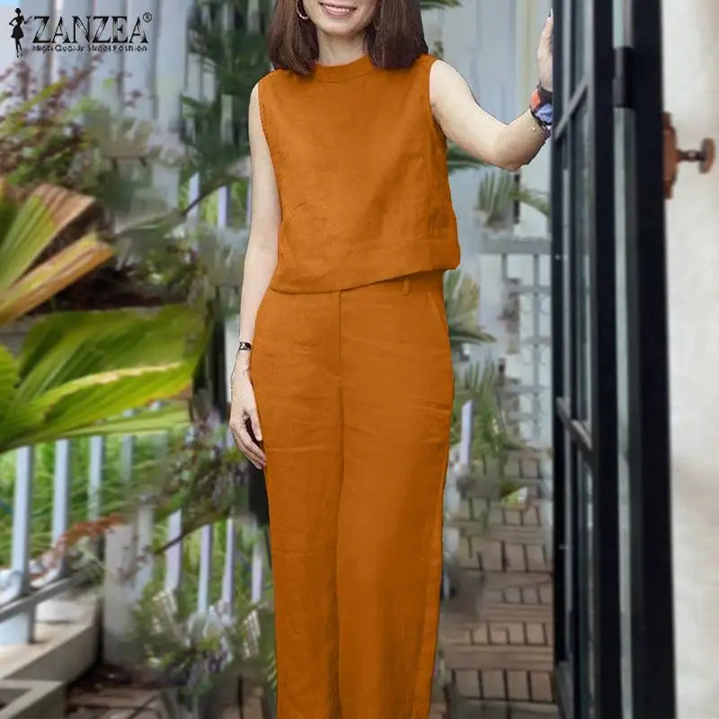 ZANZEA Elegant Women Matching Sets Summer Tracksuits Causal Pant Sets Sleeveless Blouse & Trousers Suit Fashion Outfits Oversize