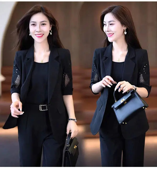 2023 Autumn New Vintage Hollow Short Sleeve Jacket with Tank Top Casual Pants Three Piece Elegant Women's Pants Suit Office Set