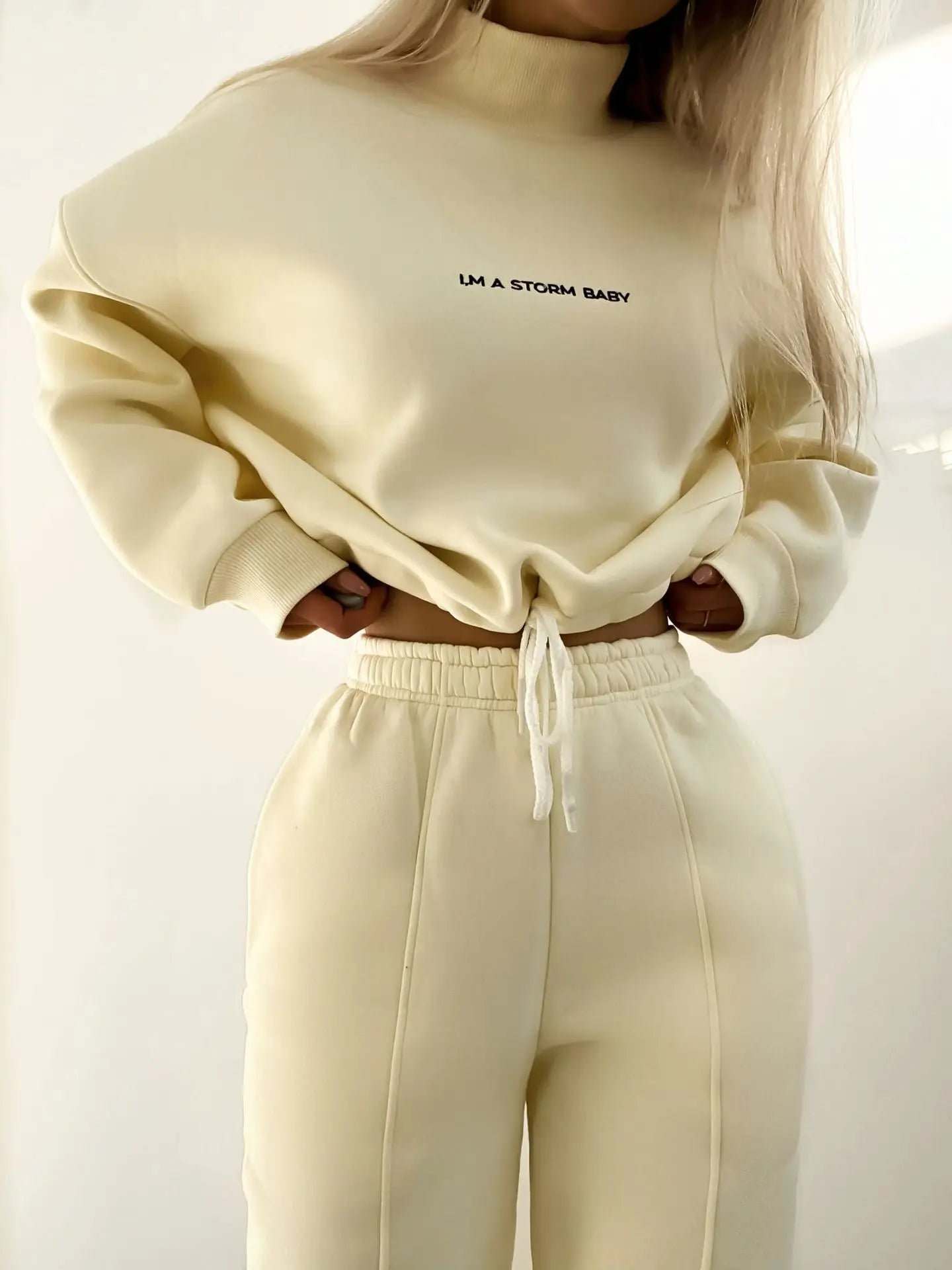 2023 Spring Autumn New Printed Loose Sports Suit Women Turtleneck Long Sleeve Sweatshirt Drawstring High Waist Pencil Pants Suit