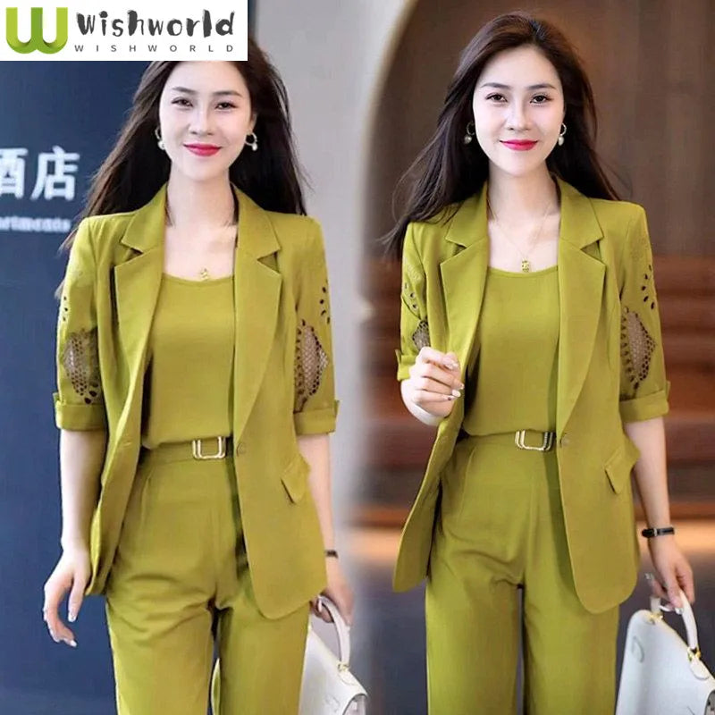 2023 Autumn New Vintage Hollow Short Sleeve Jacket with Tank Top Casual Pants Three Piece Elegant Women's Pants Suit Office Set