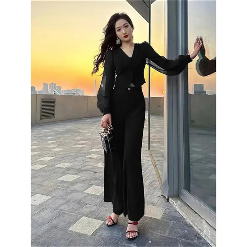 Female Elegant Wine Red Black Fashion Ladies Spring Suits Women's Shirt Lace Top Wide Leg Pants Two-Piece Set 2023 Summer Sets