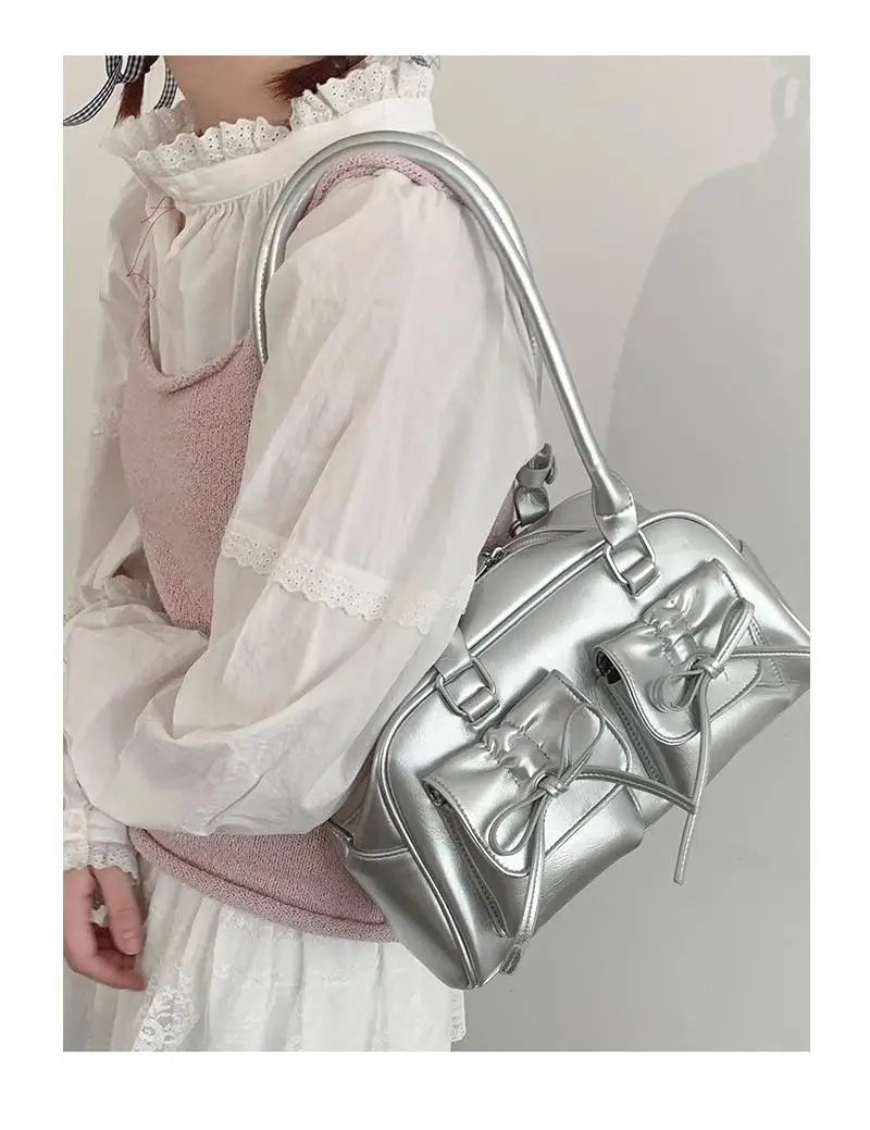 Xiuya Silver Pleated Womens Shoulder Bag Elegant Gentle Korean Fashion Leather Handbag Bow Sweet New Simple Ladies Boston Bag