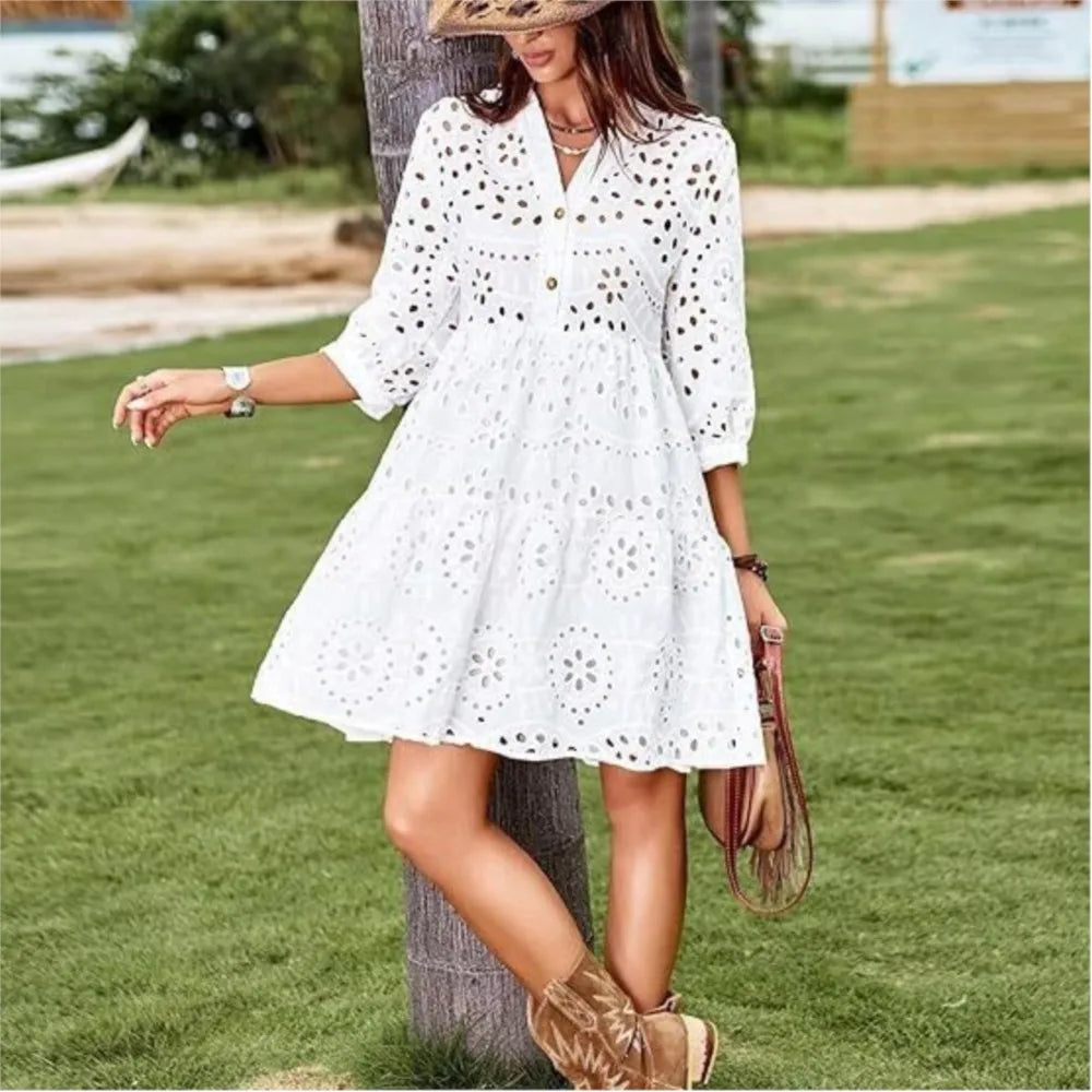 Spring Summer New Solid Color Hollow Out Fashion 7 Point Sleeve Dress Wmen's Casual Loose Simple Elegant Female Holiday Dresses