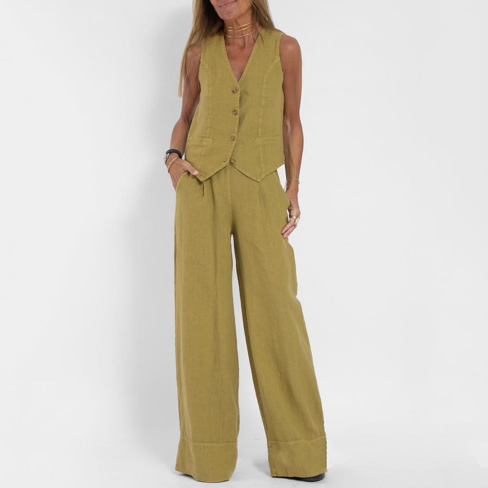 2 Piece Suit for Women Autumn Winter Suit Set Stylish Women's Cotton Linen Suit Sleeveless Vest Wide Leg Pants Set for Office