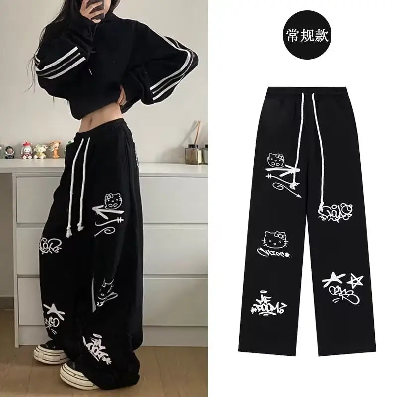 Loose Fitting Casual Pants Fashionable And Fun Cartoon Dog And Cat Graffiti Pattern Korean Fashion Spring Fall Baggy Straight