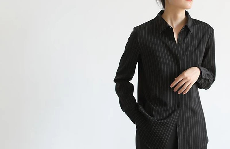MEXZT Vintage Black Striped Shirts Women Office Long Sleeve Loose Casual Blouses Lady Korean Fashion Elegant Chic All Match Tops