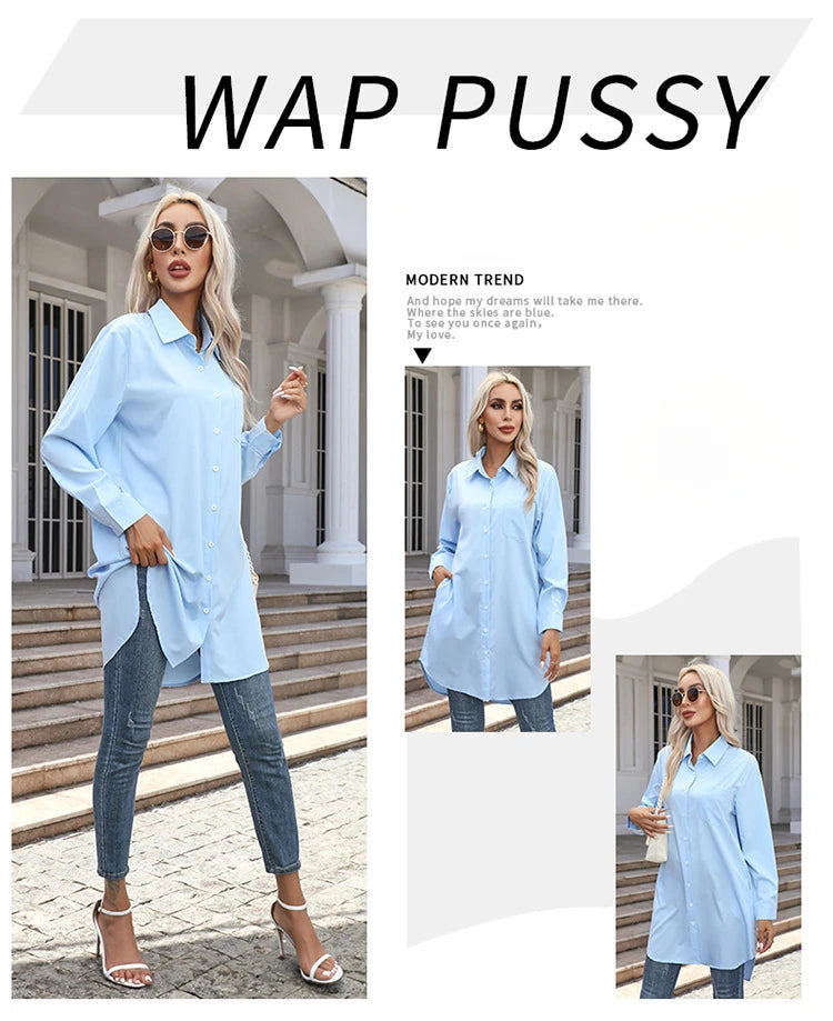 Long Shirt Women 2023 Vintage Pocket Shirts &Blouses Oversized Long Sleeve Blouse Fashion Women's Clothing Button Up Womens Tops