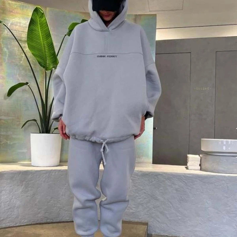 2024 New Women's Casual Fashion Print Suit Solid Color Thickened Warm Hooded Top Elastic Sports Pants Female's Two Piece Set