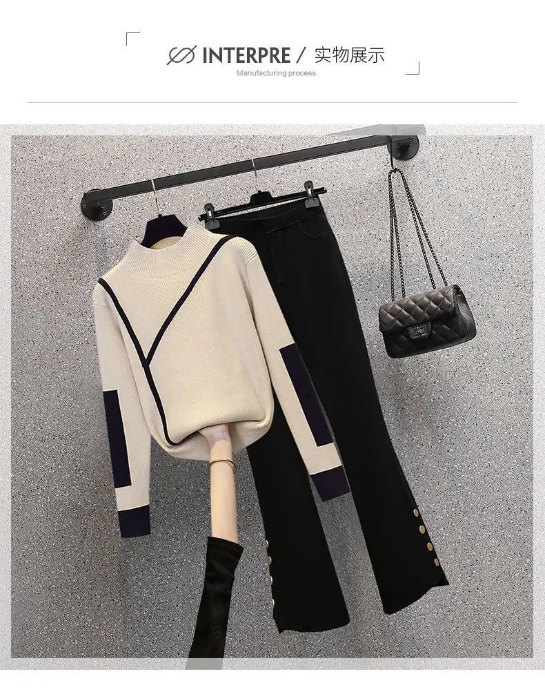 Fashionable Women's Set 2023 Autumn/Winter New Korean Edition Style Design Sense Knitted Sweater Casual Pants Two-piece Set