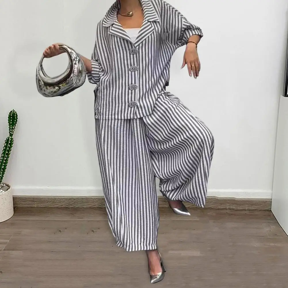 Wide-leg Pants Suit for Women Autumn Women's Casual Suit with Long-sleeved Shirt Top Wide-leg Harem Pants Lapel Striped
