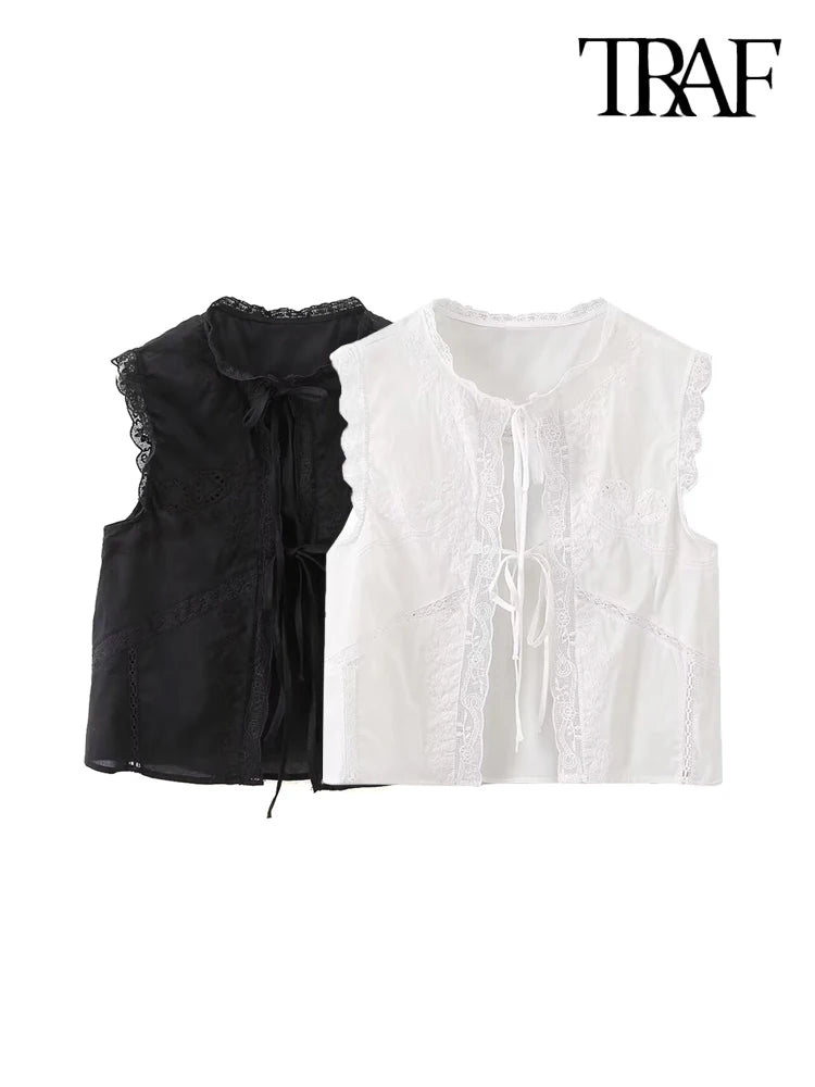 TRAF-Women's Lace Embroidery Blouses, O Neck, Sleeveless, Front Tied, Female Shirts, Chic Tops, Fashion