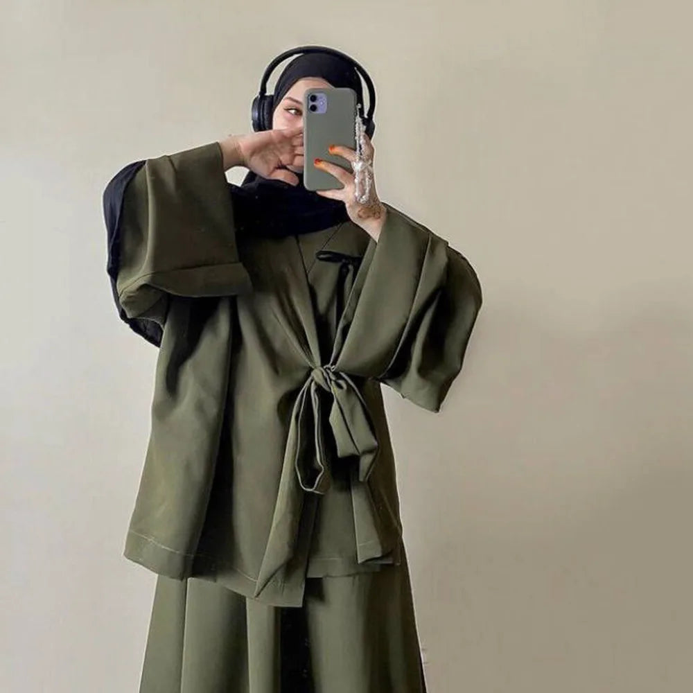 Eid Muslim Suit Modest Two Piece Women Lace Up Top Skirt Outfits Ramadan Morocco Dubai Abayas Ensemble Islam Arab Jalabiya
