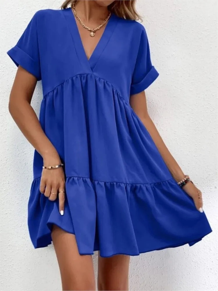 Women's Short Dress 2024 New Summer Style Fresh And Sweet V-neck Solid Color Large Swing Elegant Casual Short Dress