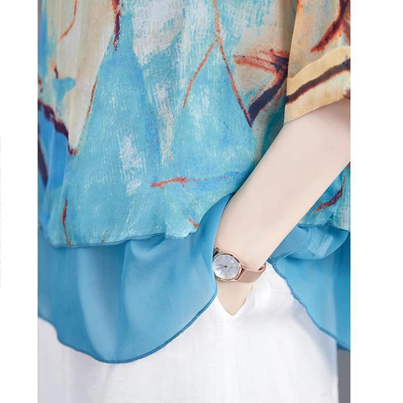 Summer Elegant Fashion Printing Oversized Chiffon Shirts Femme Harajuku Sleeve Pullover Tops Women Loose Casual All-match Blouse