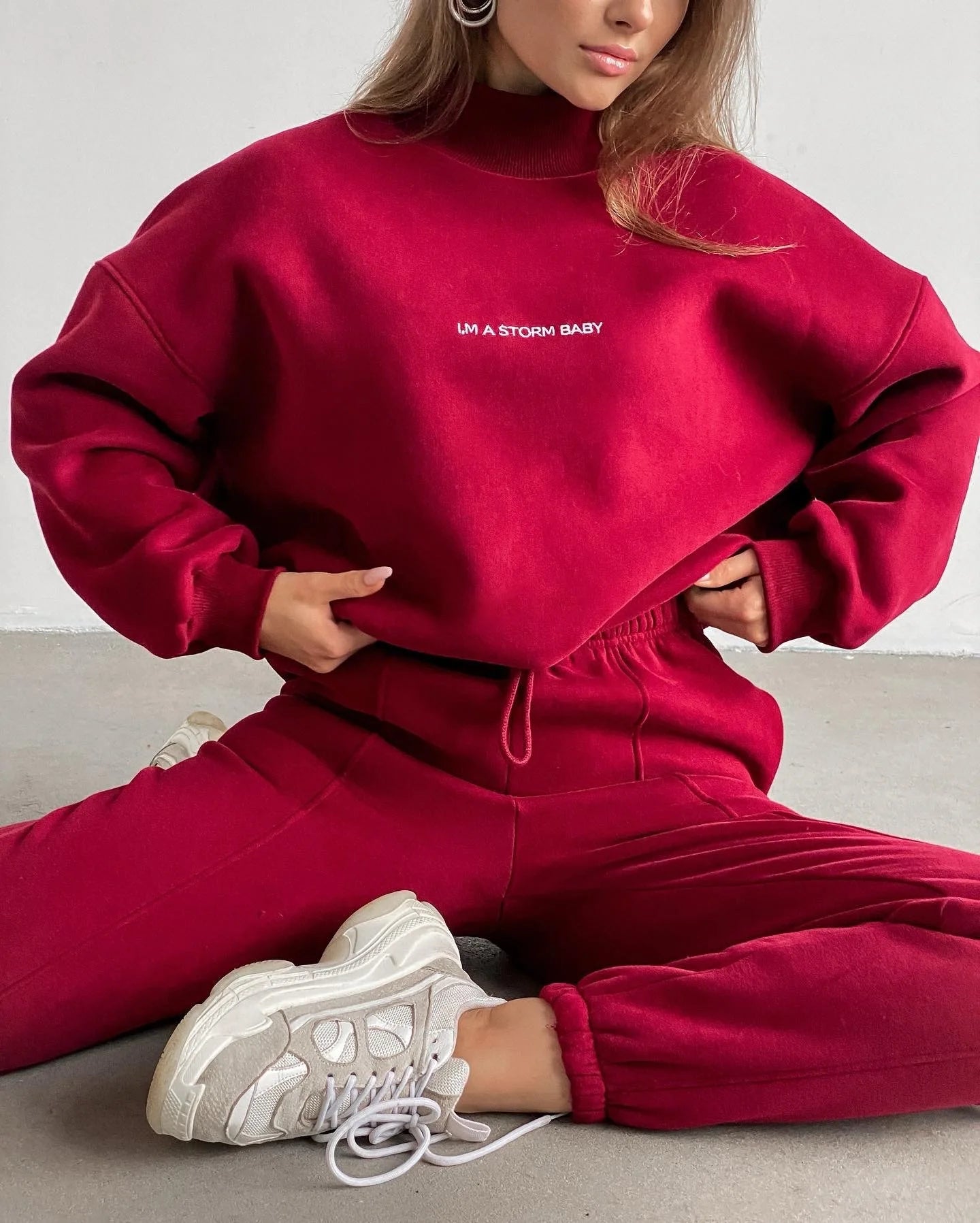 2023 Spring Autumn New Printed Loose Sports Suit Women Turtleneck Long Sleeve Sweatshirt Drawstring High Waist Pencil Pants Suit