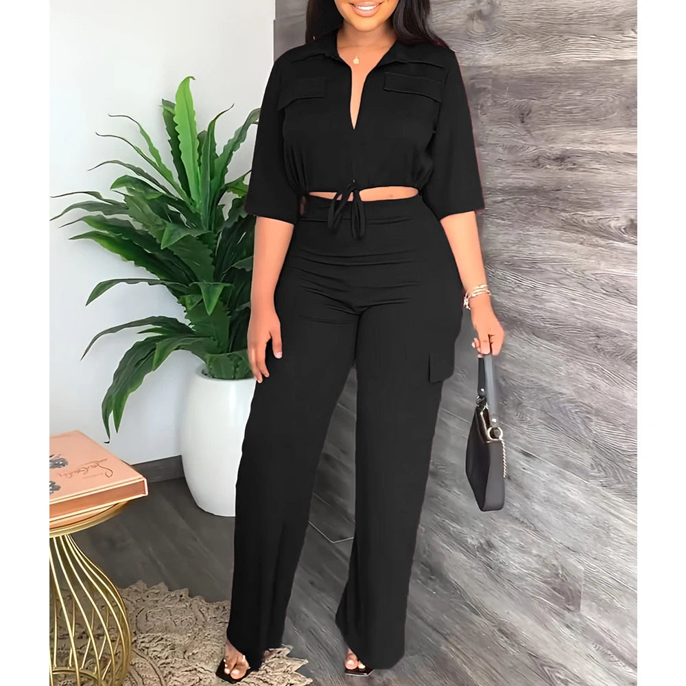 Elegant Women's Set Casual Drawstring Half Sleeve Short Blouse High Waist Straight Wide Leg Pant Suit Tracksuit Two Piece Outfit