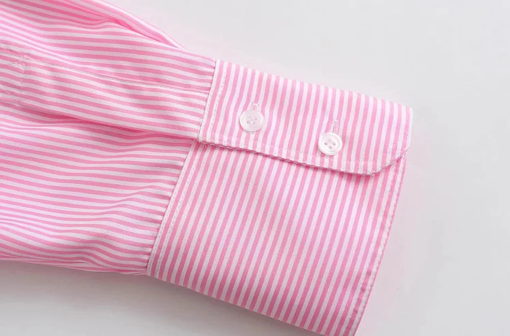 TRAF-Striped Loose Shirts With Pocket for Women, Long Sleeve, Button-up Blouses, Chic Tops, Female Fashion