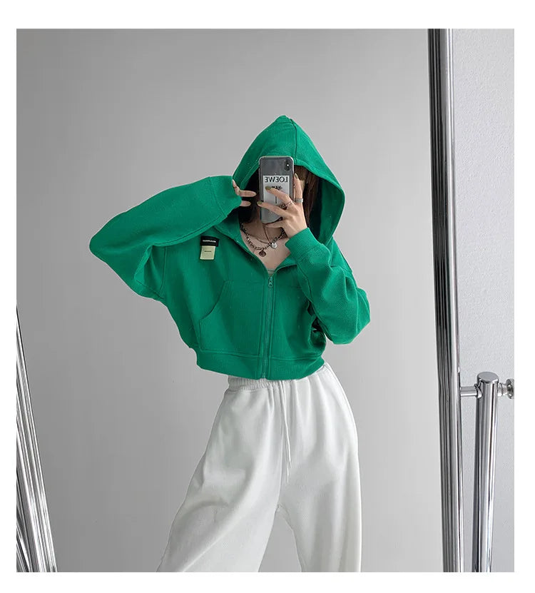 Harajuku Women Sweatshirts Korean Fashion Sportswear Female Zip Up Hoodies Vintage Streetwear Basic Casual Cropped Top Autumn