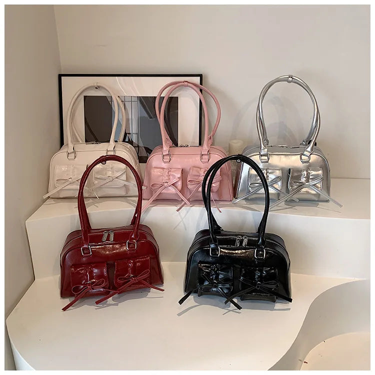 Xiuya Silver Pleated Womens Shoulder Bag Elegant Gentle Korean Fashion Leather Handbag Bow Sweet New Simple Ladies Boston Bag