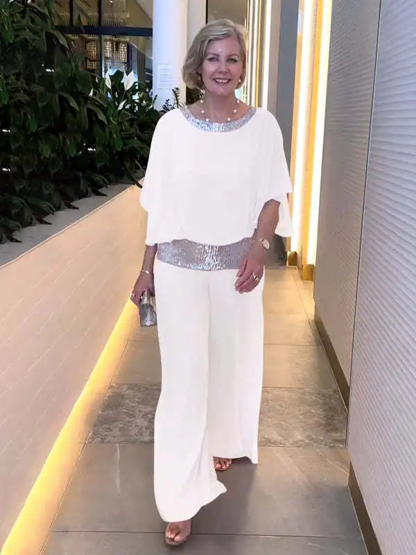 Fashion Sequin Splicing Chiffon Shirt Women's Bat Short Sleeved Suit Summer New Wide Leg Pants Elegant Female Office 2 Piece Set