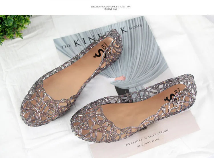 Summer women sandals flat-soled crystal clogs hollow flat-soled slip-ons shallow mouth Roman jelly shoes beach sandals