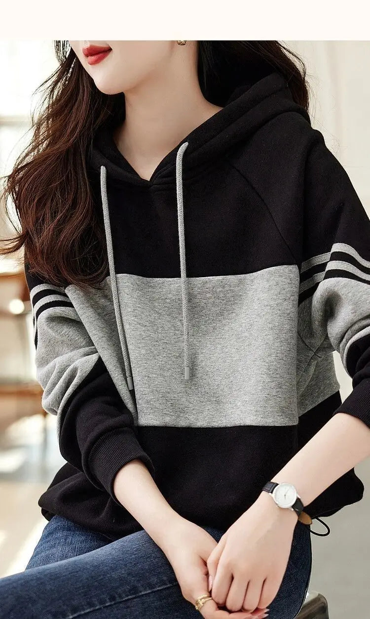 Autumn Winter Loose Casual Patchwork Hoodies Ladies Simple Fashion All-match Pullover Top Women Hooded Sweatshirt Female Clothes