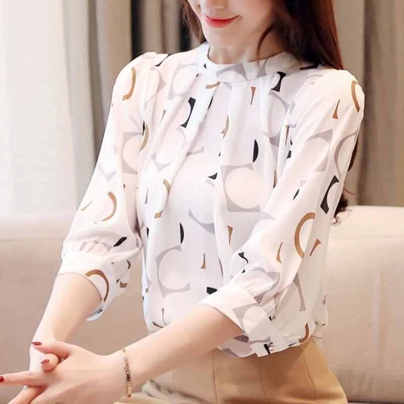 Fashion Women's Clothing Summer Printed Chiffon Blouse Casual Puff Half Sleeve Office Shirt Korean Stand Collar Tops Blusas 2480