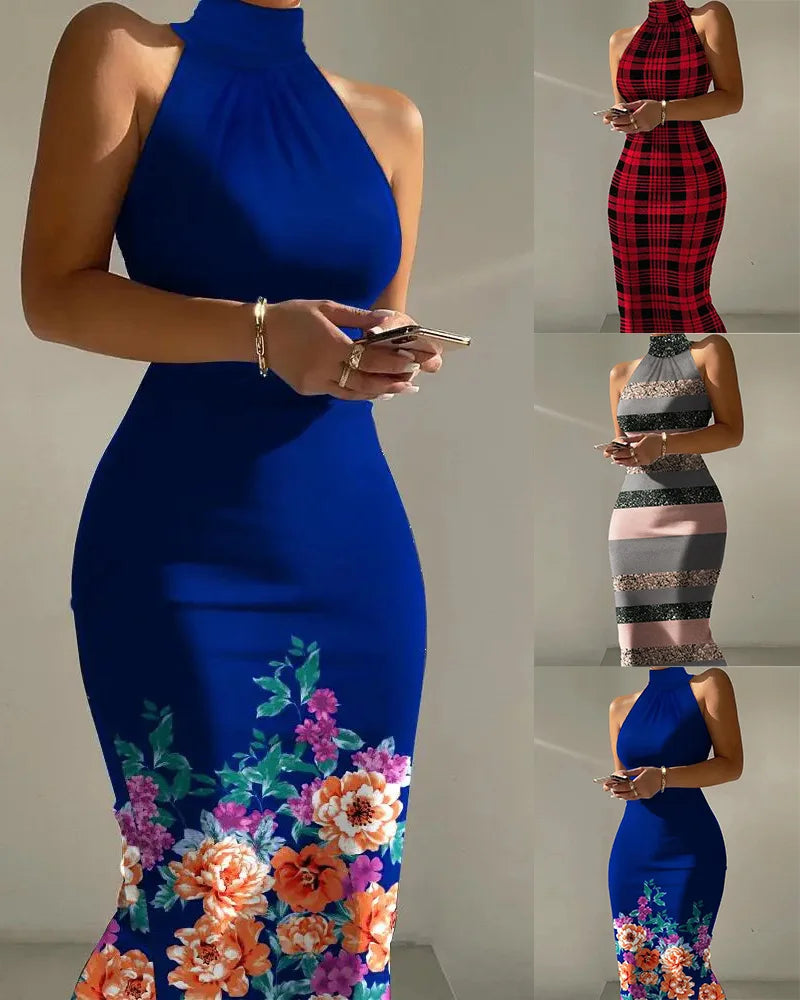 2024 Spring Summer Sleeveless Print Midi Dress High Neck Sexy Bandage Plaid Striped Pencil Elegant Body Sexy Party Vestidos