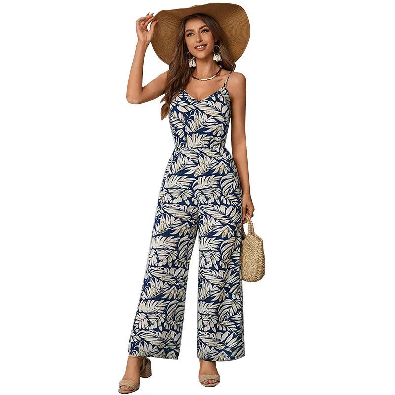 Fashion Casual Women's Waistline V-neck Multi -colored Skinny Shoulder With Holiday Leaf Print Loose Shorts Pants Jumpsuit