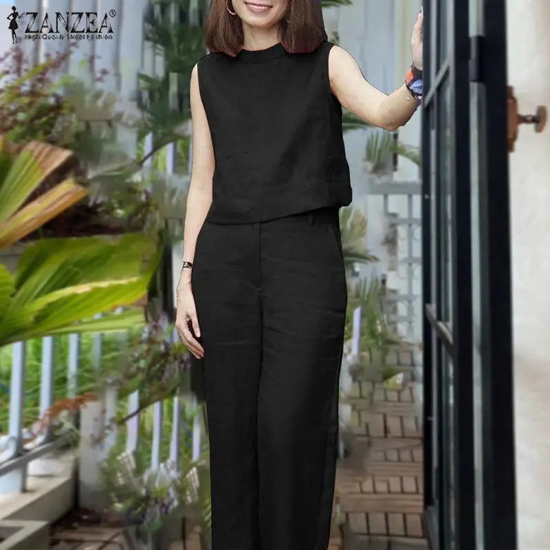 ZANZEA Elegant Women Matching Sets Summer Tracksuits Causal Pant Sets Sleeveless Blouse & Trousers Suit Fashion Outfits Oversize